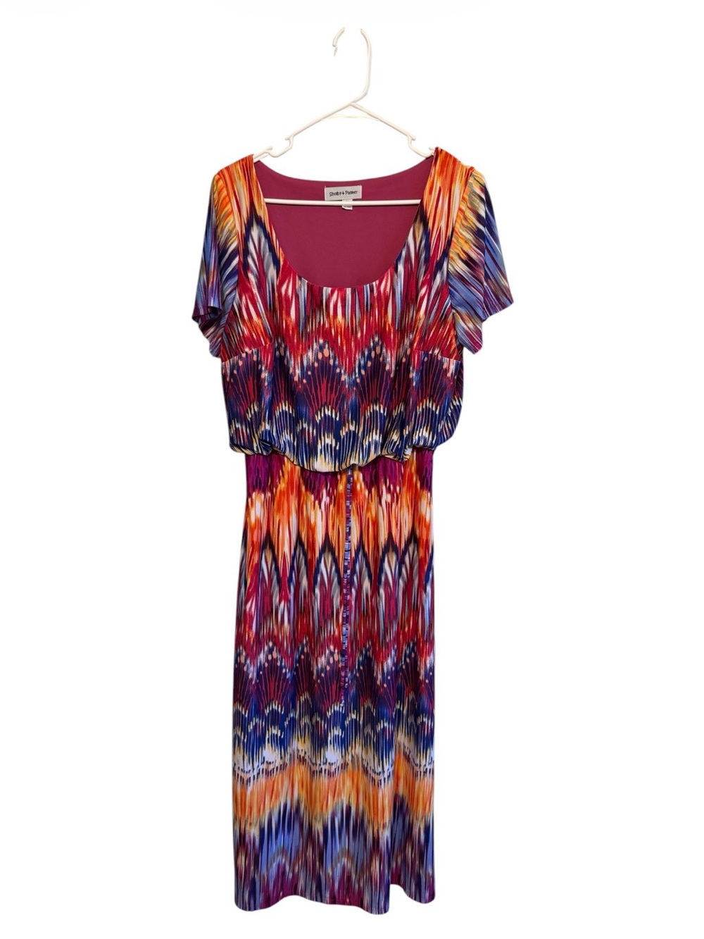 Shelby & Palmer Multi-Color Ikat Print Short Sleeve Maxi Dress